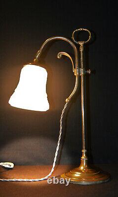 Vintage 1930s French art deco brass swan neck student lamp Opaline glass shade