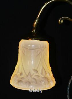 Vintage 1930s French art deco brass swan neck student lamp Opaline glass shade