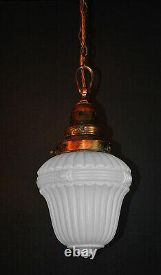 Vintage 1930s Rare Art Deco Opaline milk glass school house pendant light