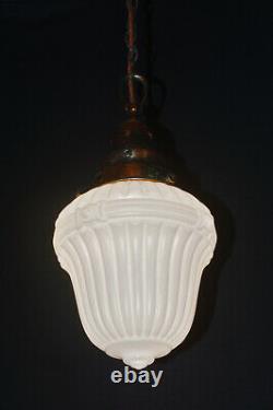 Vintage 1930s Rare Art Deco Opaline milk glass school house pendant light