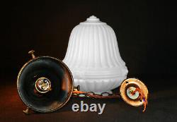 Vintage 1930s Rare Art Deco Opaline milk glass school house pendant light