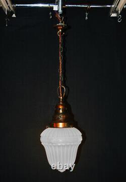 Vintage 1930s Rare Art Deco Opaline milk glass school house pendant light