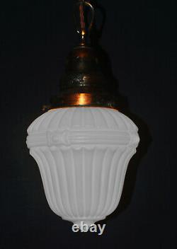 Vintage 1930s Rare Art Deco Opaline milk glass school house pendant light