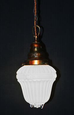 Vintage 1930s Rare Art Deco Opaline milk glass school house pendant light