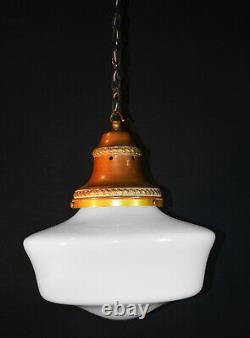 Vintage 1930s Rare Large Art Deco Opaline milk glass school house pendant light
