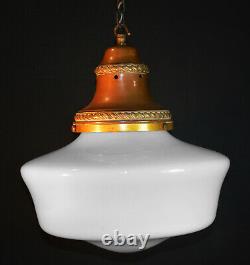 Vintage 1930s Rare Large Art Deco Opaline milk glass school house pendant light