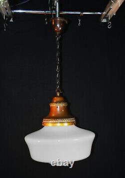 Vintage 1930s Rare Large Art Deco Opaline milk glass school house pendant light