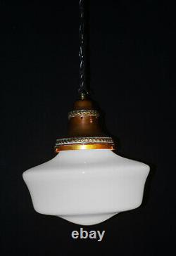 Vintage 1930s Rare Large Art Deco Opaline milk glass school house pendant light