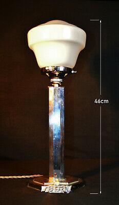 Vintage 1930s art deco chrome lamp Octagonal geometric design Opaline shade