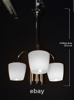 Vintage 1940s Art Deco chrome plate Opaline three arm pendant light chandelier