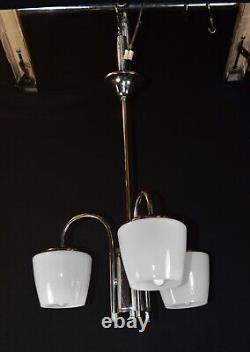 Vintage 1940s Art Deco chrome plate Opaline three arm pendant light chandelier