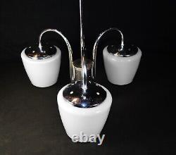 Vintage 1940s Art Deco chrome plate Opaline three arm pendant light chandelier
