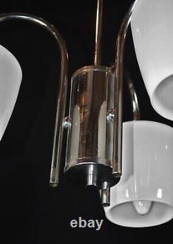 Vintage 1940s Art Deco chrome plate Opaline three arm pendant light chandelier