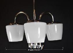 Vintage 1940s Art Deco chrome plate Opaline three arm pendant light chandelier