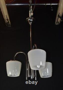 Vintage 1940s Art Deco chrome plate Opaline three arm pendant light chandelier