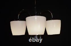 Vintage 1940s Art Deco chrome plate Opaline three arm pendant light chandelier