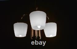 Vintage 1940s Art Deco chrome plate Opaline three arm pendant light chandelier