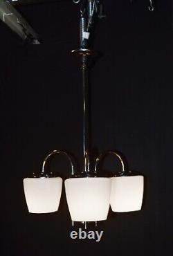 Vintage 1940s Art Deco chrome plate Opaline three arm pendant light chandelier