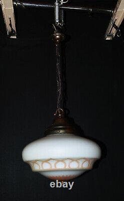 Vintage 1940s Rare Large Art Deco Opaline milk glass school house pendant light