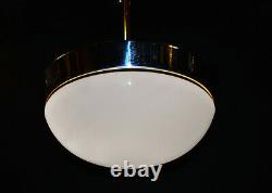 Vintage 1940s art deco Opaline milk glass & chrome school house pendant light