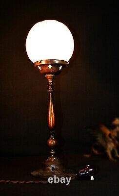 Vintage 19th C art & crafts cast bronze WAS Benson style lamp deco opaline globe