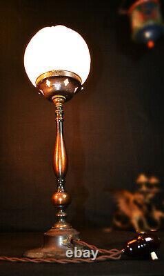 Vintage 19th C art & crafts cast bronze WAS Benson style lamp deco opaline globe