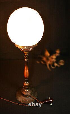 Vintage 19th C art & crafts cast bronze WAS Benson style lamp deco opaline globe