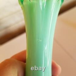 Vintage 2 Fostoria Heirloom Green Opalescent 6 & 5.5 Bud Vases Art Glass