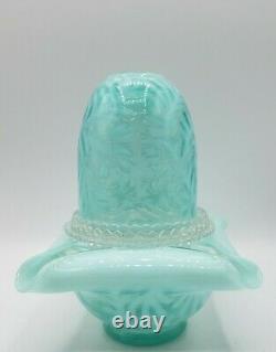 Vintage 3 Pc Fenton Glass Blue Opalescent Fern Fairy Lamp Light Marked Sticker