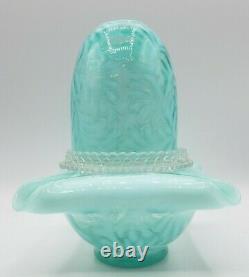 Vintage 3 Pc Fenton Glass Blue Opalescent Fern Fairy Lamp Light Marked Sticker