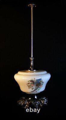 Vintage 40s art deco school house lantern light pendant Opaline milk glass shade