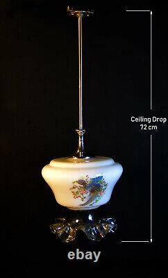 Vintage 40s art deco school house lantern light pendant Opaline milk glass shade