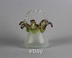 Vintage 5 1/2 White Opalescent Diamond Quilt Pattern Art Glass Basket