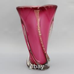 Vintage 80s Glam Brilliant Fuschia Cranberry Opaline Murano Glass Vase 10