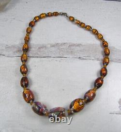 Vintage Antique Art Glass Fire Opal Copper Foil Bead Necklace Opalescent