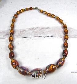 Vintage Antique Art Glass Fire Opal Copper Foil Bead Necklace Opalescent