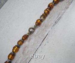 Vintage Antique Art Glass Fire Opal Copper Foil Bead Necklace Opalescent