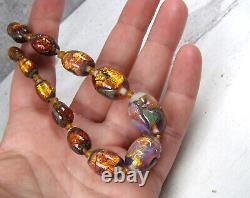 Vintage Antique Art Glass Fire Opal Copper Foil Bead Necklace Opalescent
