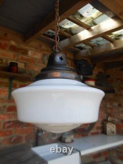 Vintage Art Deco Opaline milk glass school house chapel Pendant Ceiling Light