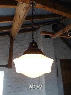 Vintage Art Deco Opaline milk glass school house chapel Pendant Ceiling Light