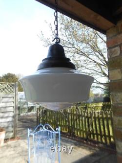 Vintage Art Deco Opaline milk glass school house chapel Pendant Ceiling Light