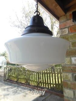 Vintage Art Deco Opaline milk glass school house chapel Pendant Ceiling Light