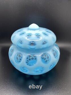 Vintage Art Glass FENTON Opalescent Blue Coin Dot Covered Candy Bowl Retro As Is