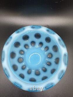 Vintage Art Glass FENTON Opalescent Blue Coin Dot Covered Candy Bowl Retro As Is