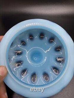 Vintage Art Glass FENTON Opalescent Blue Coin Dot Covered Candy Bowl Retro As Is