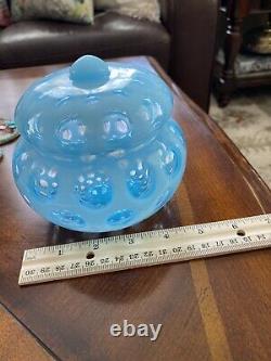 Vintage Art Glass FENTON Opalescent Blue Coin Dot Covered Candy Bowl Retro As Is