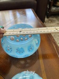 Vintage Art Glass FENTON Opalescent Blue Coin Dot Covered Candy Bowl Retro As Is