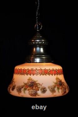 Vintage Art deco School house hand painted Opaline glass pendant light C-1930s