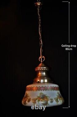 Vintage Art deco School house hand painted Opaline glass pendant light C-1930s