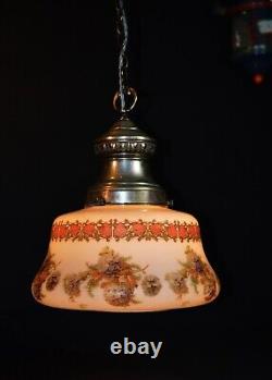 Vintage Art deco School house hand painted Opaline glass pendant light C-1930s